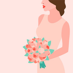 Beautiful bride in a minimalistic dress holding a webbing bouquet. Vector illustration eps 10