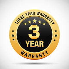 3 year warranty golden label isolated on white background