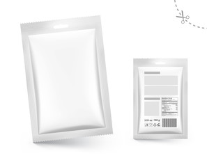 Mockup of blank sachet packaging for food, cosmetic and hygiene. Vector illustration on white background. Ready for your design. EPS10.