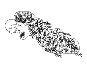 mother lifting son with floral decoration vector illustration design