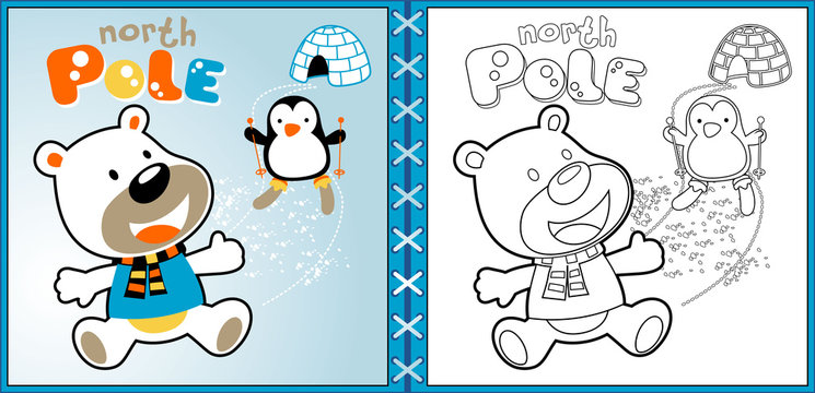 polar bear cartoon with skiing penguin, coloring page or book. eps 10
