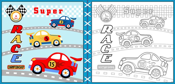 Vector of super car racing cartoon, coloring page or book. eps 10 