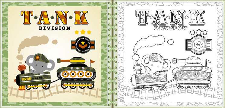 funny soldier cartoon vector with armored vehicle, coloring page or book