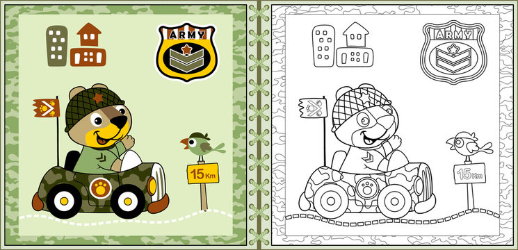 Cute animals  cartoon driving military  car on camouflage frame. Coloring book or page. Eps 10