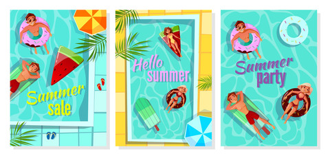 Summer pool vector illustration for shop sale poster, party invitation and Hello summer greeting card. Cartoon design of happy people boys and girls on swim rings in shape of fruits and sunglasses