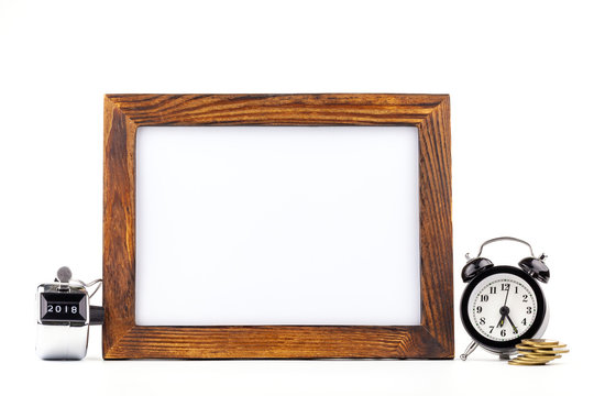 blank, frame, black alarm clock  on white background