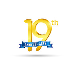 19th golden Anniversary logo with blue ribbon isolated on white   background. 3d gold 19th Anniversary logo