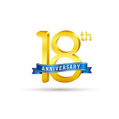 18th golden Anniversary logo with blue ribbon isolated on white   background. 3d gold 18th Anniversary logo
