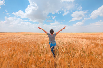Naklejka na ściany i meble Woman in a golden wheat field on the background cloudy sky