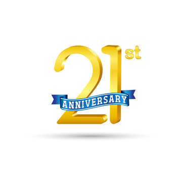 21st golden Anniversary logo with blue ribbon isolated on white   background. 3d gold 21st Anniversary logo