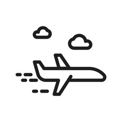 Obraz premium Airplane traveling in the sky with clouds. Vector thin line icon illustration for holidays and vacations, summer, business flight, traveling agency.