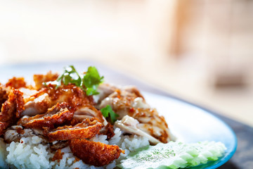Thai food gourmet fried chicken with rice , khao mun kai tod in wood background.selective focus.