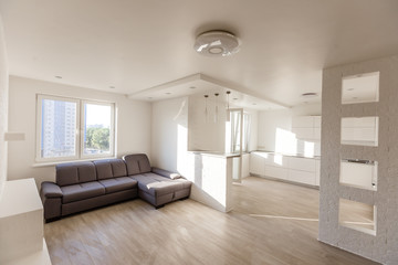 Modern, stylish living room with big gray sofa