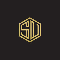Initial letter SU, minimalist line art hexagon shape logo, gold color on black background