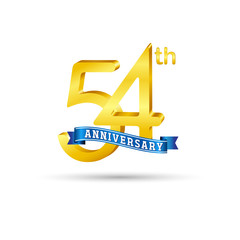 54th golden Anniversary logo with blue ribbon isolated on white   background. 3d gold 54th Anniversary logo