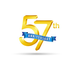 57th golden Anniversary logo with blue ribbon isolated on white   background. 3d gold 57th Anniversary logo