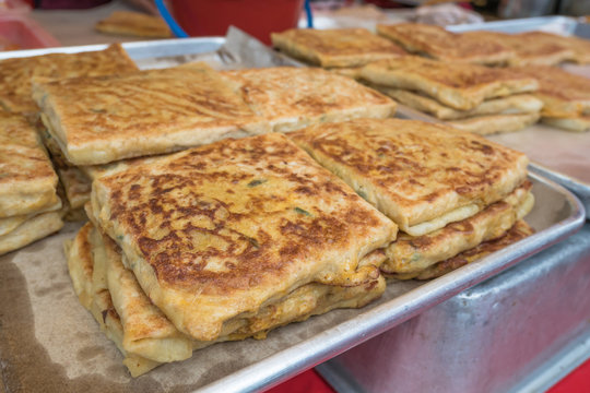 Chicken murtabak selling in the Ramadan bazaar. It is a stuffed pancake or pan-fried bread which is commonly found in Yemen, Saudi Arabia India, Indonesia, Malaysia, Singapore, Brunei, and Thailand.