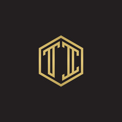 Initial letter TI, minimalist line art hexagon shape logo, gold color on black background