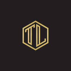 Initial letter TL, minimalist line art hexagon shape logo, gold color on black background