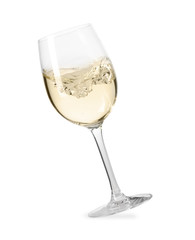 Glass with delicious wine on white background