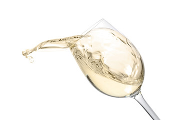 Glass with delicious wine on white background