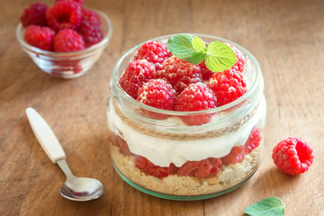 Raspberry cheesecake in  jar