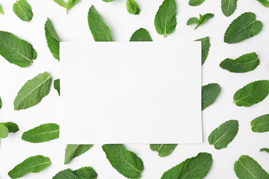 Flat lay composition with fresh green mint leaves on white background