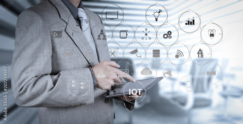 Poster businessman hand using tablet computer