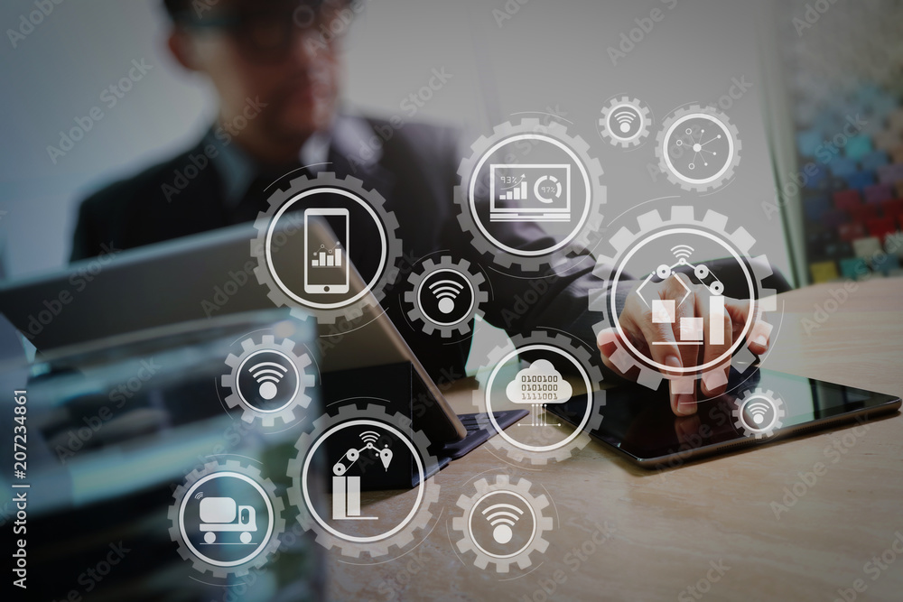 Poster businessman hand touching digital tablet.photo finance manager working new investment project office