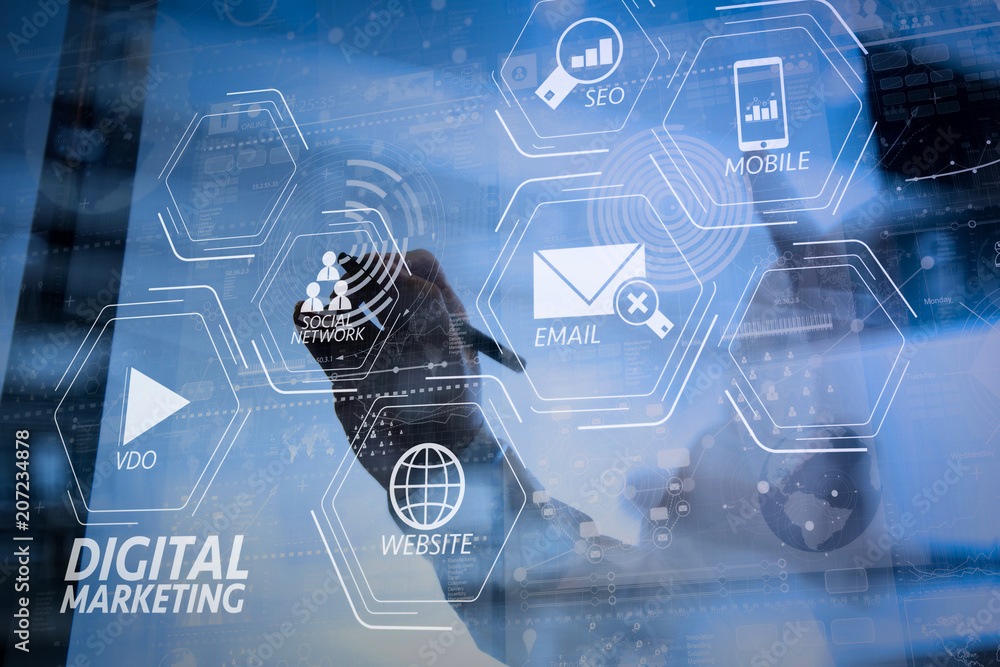 Aufkleber businessman hand working with modern technology and digital layer effect as business strategy concept