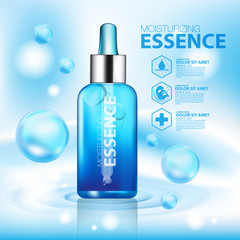 Moisturizing Essence cosmetic products ad, light blue bokeh background with beautiful containers vector illustration