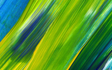 Abstract acrylic painting for use as background, texture, design element. Modern art in Mixed colours of green, blue, yellow.