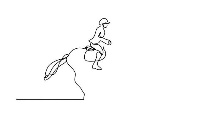 Self drawing animation of continuous line drawing of jockey riding horse