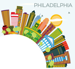 Philadelphia Skyline with Color Buildings, Blue Sky and Copy Space.