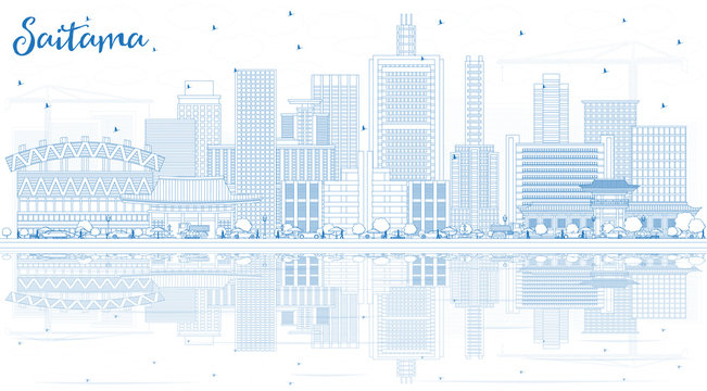 Outline Saitama Japan City Skyline with Blue Buildings and Reflections.