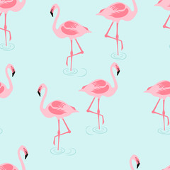 Seamless pattern flamingo walk in the water.printing wallpaper.vector illustration