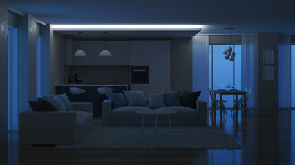 Modern house interior. Evening lighting. Night. 3D rendering. - 207236651