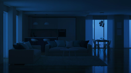 Modern house interior. Evening lighting. Night. 3D rendering. - 207236653