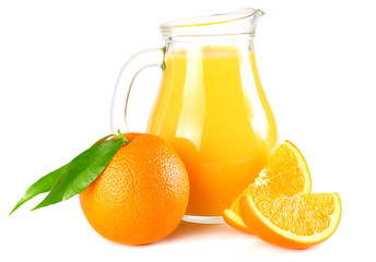orange juice with orange and green leaf isolated on white background. juice in jug