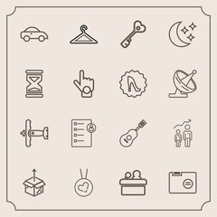 Modern, simple vector icon set with plane, blank, aircraft, necklace, cardboard, sound, progress, vehicle, concert, success, checklist, growth, transportation, folder, love, guitar, development icons