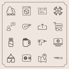 Fototapeta premium Modern, simple vector icon set with cable, nature, money, cafe, coffee, banner, road, plug, finance, purse, technology, landscape, shipping, cash, machine, setting, travel, computer, online, usb icons