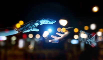 White cyborg hand about to touch human hand 3D rendering