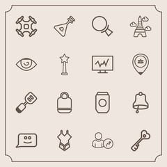 Modern, simple vector icon set with aerial, utensil, fashion, music, instrument, alarm, account, magnifying, control, helicopter, security, drone, object, smile, tool, aluminum, house, sign, key icons