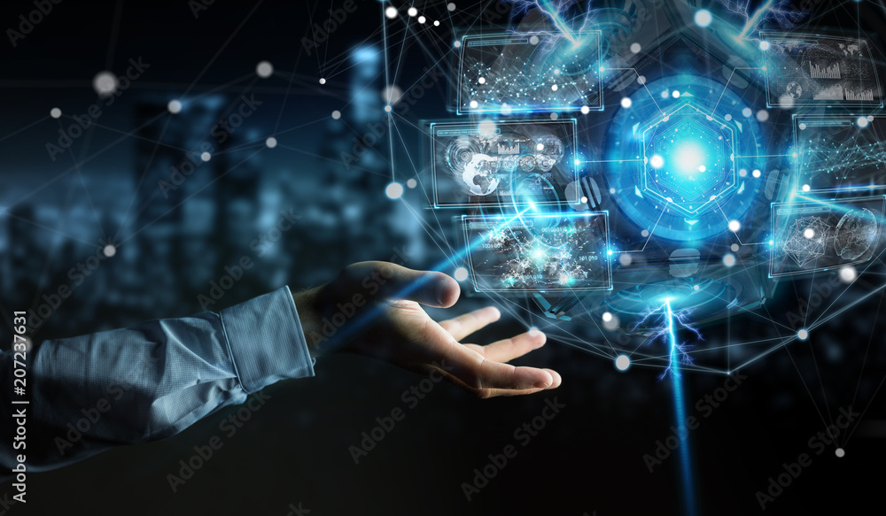 Poster businessman using futuristic drone security camera 3d rendering