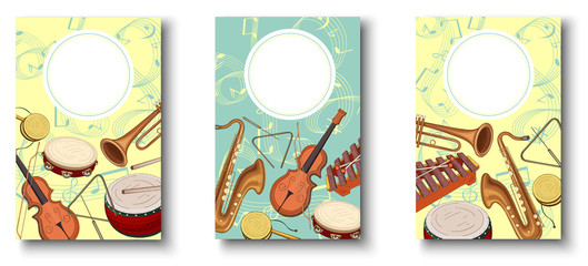 Colorful backgrounds with notes and musical instruments.