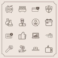 Modern, simple vector icon set with wrench, chart, cash, computer, business, late, technology, cap, video, investment, money, finance, concept, currency, tv, television, medicine, fashion, bank icons