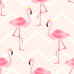 Seamless pattern pink flamingo standing wears a crown on zig zag pastel color background.printing wallpaper.vector illustration