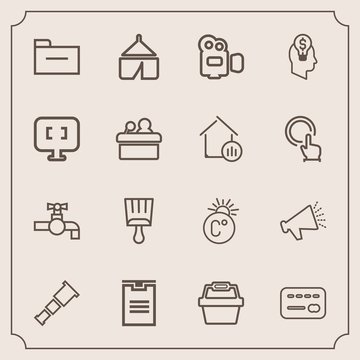 Modern, simple vector icon set with telescope, folder, travel, balance, water, store, tap, money, night, paint, fahrenheit, loud, temperature, package, white, box, camp, handle, thermometer, sky icons