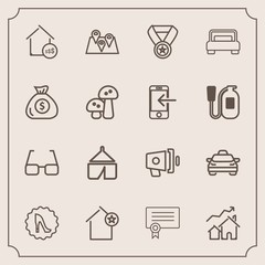Modern, simple vector icon set with eyeglasses, award, loud, estate, bedroom, certificate, adventure, increase, nature, transport, home, real, success, fashion, diploma, price, megaphone, road icons