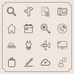 Modern, simple vector icon set with sunrise, aircraft, present, money, summer, people, landscape, finance, education, direction, airplane, laptop, plane, way, gift, celebration, pencil, business icons